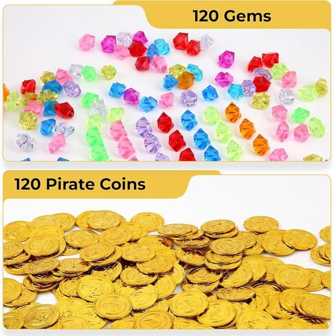 240 Pcs Pirate Gold Coins and Pirate Gems Jewelry Set, Plastic Gold Coins Colored Gems Playset, Pirate Treasure Pirate Party Decorations for Pirate Adventure Themed Party(120 Coins+120 Gems) in Kuwait