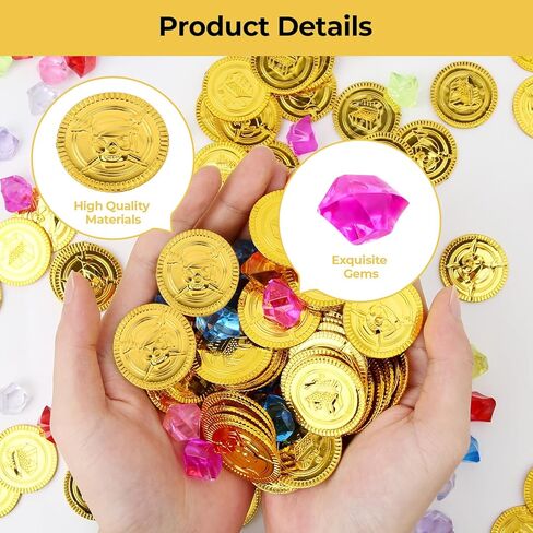 240 Pcs Pirate Gold Coins and Pirate Gems Jewelry Set, Plastic Gold Coins Colored Gems Playset, Pirate Treasure Pirate Party Decorations for Pirate Adventure Themed Party(120 Coins+120 Gems) in Kuwait