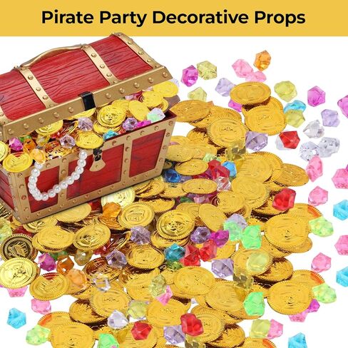 240 Pcs Pirate Gold Coins and Pirate Gems Jewelry Set, Plastic Gold Coins Colored Gems Playset, Pirate Treasure Pirate Party Decorations for Pirate Adventure Themed Party(120 Coins+120 Gems) in Kuwait