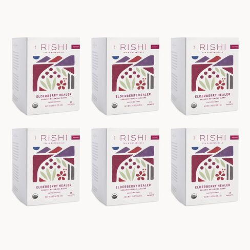 Rishi Tea Elderberry Healer Herbal Tea | USDA Organic Direct Trade Sachet Tea Bags, Certified Kosher, Caffeine Free Elderberry with Ginger Root, Hibiscus Flowers, & Licorice Root | 15 Count (Pack of 6) in Saudi Arabia