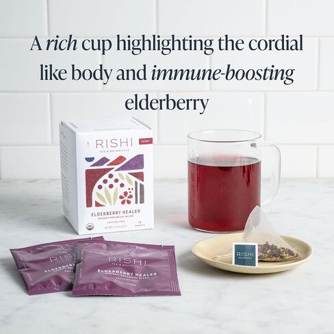 Rishi Tea Elderberry Healer Herbal Tea | USDA Organic Direct Trade Sachet Tea Bags, Certified Kosher, Caffeine Free Elderberry with Ginger Root, Hibiscus Flowers, & Licorice Root | 15 Count (Pack of 6) in Kuwait