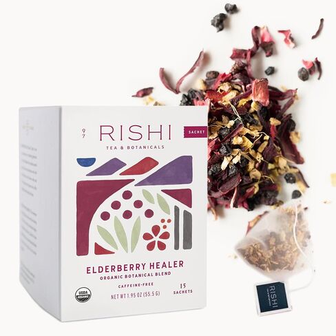 Rishi Tea Elderberry Healer Herbal Tea | USDA Organic Direct Trade Sachet Tea Bags, Certified Kosher, Caffeine Free Elderberry with Ginger Root, Hibiscus Flowers, & Licorice Root | 15 Count (Pack of 6) in Kuwait