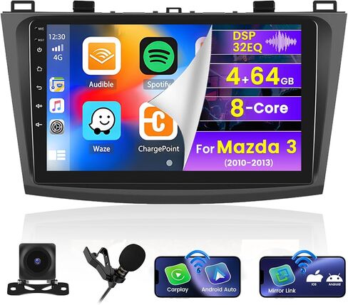 ترقية راديو Roinvou 8 النوى 4+64G Android لمازدا 3 2010-2013، شاشة لمس عالية الدقة 9 بوصة مع CarPlay لاسلكي Android Auto GPS Navigation WiFi Backup Camera Mirror Link Bluetooth Mic FM RDS in Kuwait