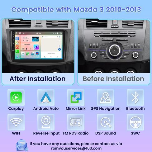 ترقية راديو Roinvou 8 النوى 4+64G Android لمازدا 3 2010-2013، شاشة لمس عالية الدقة 9 بوصة مع CarPlay لاسلكي Android Auto GPS Navigation WiFi Backup Camera Mirror Link Bluetooth Mic FM RDS in Kuwait