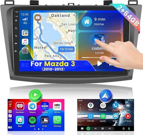 ترقية راديو Roinvou 8 النوى 4+64G Android لمازدا 3 2010-2013، شاشة لمس عالية الدقة 9 بوصة مع CarPlay لاسلكي Android Auto GPS Navigation WiFi Backup Camera Mirror Link Bluetooth Mic FM RDS in Kuwait