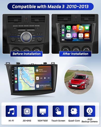 ترقية راديو Roinvou 8 النوى 4+64G Android لمازدا 3 2010-2013، شاشة لمس عالية الدقة 9 بوصة مع CarPlay لاسلكي Android Auto GPS Navigation WiFi Backup Camera Mirror Link Bluetooth Mic FM RDS in Kuwait