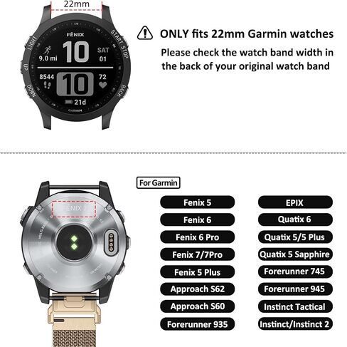 Meliya for Fenix ​​6 Band 22mm حزام ساعة معدني لـ Fenix ​​7/Fenix ​​6/Fenix ​​6 Pro/Fenix ​​5/Fenix ​​5 Plus/Forerunner 935/Forerunner 945/Instinct/Approach S60/S62/Quatix 6/Quatix 5/Epix in Saudi Arabia