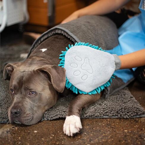 Messy Mutts Microfiber Grooming Mitt | Chenille Microfiber Dog Shammy Mitt | Machine Washable Paw Cleaner | Blue in Kuwait