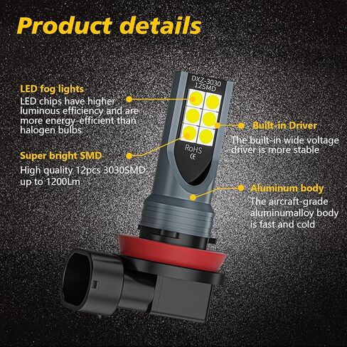 2 PCS H8/H11 Car LED Fog Light Bulb, 3030 12SMD 1500LM 6000K-7000K Super Bright High Temperature Resistant Waterproof Turn Signal, Lighting Accessories, Suitable for Most Car Models (White) in Saudi Arabia
