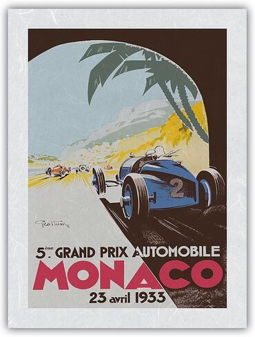 سباق الجائزة الكبرى الخامس موناكو 1933 - سباق سيارات الفورمولا واحد - ملصق رياضي عتيق من جيو هام (جورج هامل) ج.1933 - طباعة فنية رئيسية (غير مؤطرة) 12 بوصة × 18 بوصة in Saudi Arabia