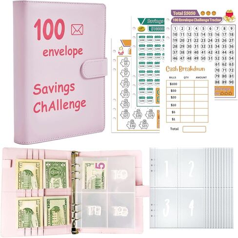 100 envelopes money saving challenge: money saving binder to Save $5,050, 10,000 and $500, savings challenges book with envelopes for cash envelope budget binder, A5, Pink in Saudi Arabia