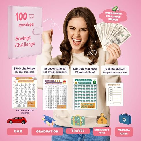 100 envelopes money saving challenge: money saving binder to Save $5,050, 10,000 and $500, savings challenges book with envelopes for cash envelope budget binder, A5, Pink in Saudi Arabia