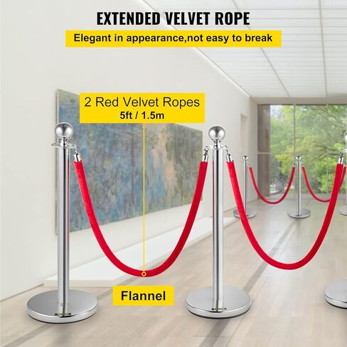 vevor 4 قطع من الفولاذ المقاوم للصدأ عمود قائمة الانتظار، حبال مخملية حمراء فضية، حواجز حبل 38 بوصة حواجز التحكم في الحشود لمستلزمات الحفلات in Kuwait