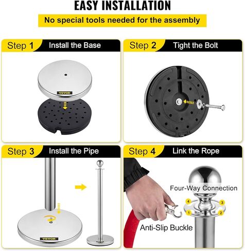 vevor 4 قطع من الفولاذ المقاوم للصدأ عمود قائمة الانتظار، حبال مخملية حمراء فضية، حواجز حبل 38 بوصة حواجز التحكم في الحشود لمستلزمات الحفلات in Kuwait