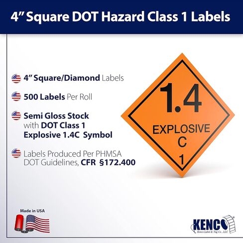 D.O.T. Labels - Hazard Class 1 DOT Explosives 1.4C Hazmat Labels 4" X 4" Square Sticklers - 500 Adhesive Labels Per Roll, Made in The USA by Kenco (1) in Saudi Arabia
