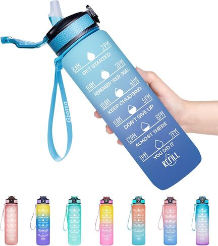Giotto 32oz Large Leakproof BPA Free Drinking Water Bottle with Time Marker & Straw to Ensure You Drink Enough Water Throughout The Day for Fitness and Outdoor Enthusiasts in Saudi Arabia