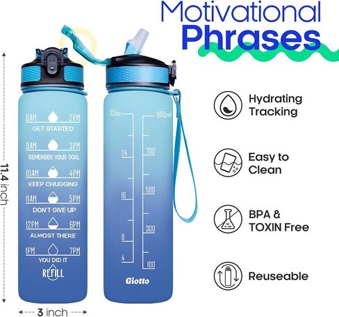 Giotto 32oz Large Leakproof BPA Free Drinking Water Bottle with Time Marker & Straw to Ensure You Drink Enough Water Throughout The Day for Fitness and Outdoor Enthusiasts in Saudi Arabia
