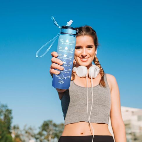 Giotto 32oz Large Leakproof BPA Free Drinking Water Bottle with Time Marker & Straw to Ensure You Drink Enough Water Throughout The Day for Fitness and Outdoor Enthusiasts in Saudi Arabia