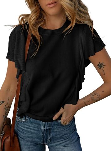 Dokotoo Womens Summer Ruffle Cap Sleeve Tops Crew Neck Pullover Shirt Lightweight Sweaters Knit Sweater Blouse in Saudi Arabia