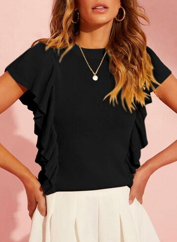 Dokotoo Womens Summer Ruffle Cap Sleeve Tops Crew Neck Pullover Shirt Lightweight Sweaters Knit Sweater Blouse in Saudi Arabia