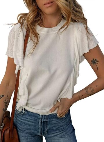 Dokotoo Womens Summer Ruffle Cap Sleeve Tops Crew Neck Pullover Shirt Lightweight Sweaters Knit Sweater Blouse in Saudi Arabia