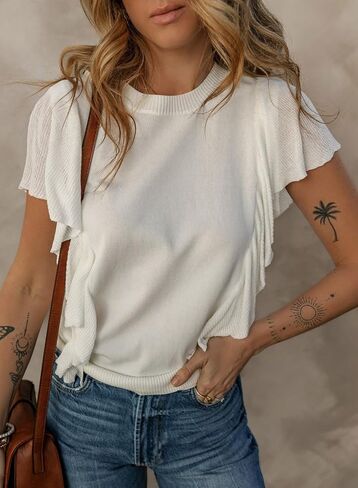 Dokotoo Womens Summer Ruffle Cap Sleeve Tops Crew Neck Pullover Shirt Lightweight Sweaters Knit Sweater Blouse in Saudi Arabia