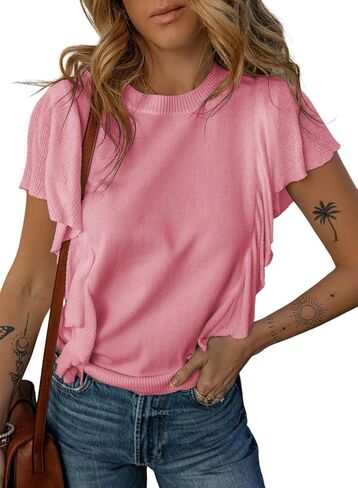Dokotoo Womens Summer Ruffle Cap Sleeve Tops Crew Neck Pullover Shirt Lightweight Sweaters Knit Sweater Blouse in Saudi Arabia