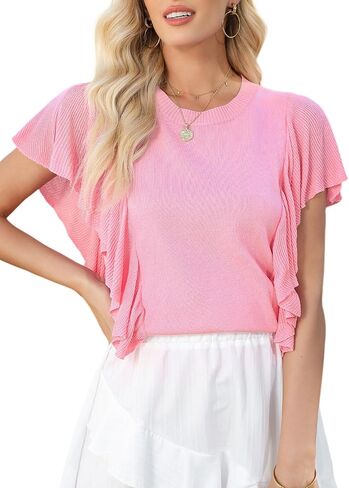 Dokotoo Womens Summer Ruffle Cap Sleeve Tops Crew Neck Pullover Shirt Lightweight Sweaters Knit Sweater Blouse in Saudi Arabia