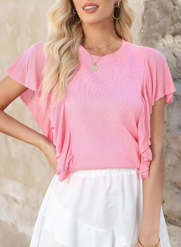 Dokotoo Womens Summer Ruffle Cap Sleeve Tops Crew Neck Pullover Shirt Lightweight Sweaters Knit Sweater Blouse in Saudi Arabia