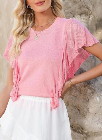 Dokotoo Womens Summer Ruffle Cap Sleeve Tops Crew Neck Pullover Shirt Lightweight Sweaters Knit Sweater Blouse in Saudi Arabia