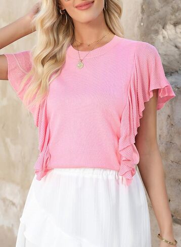 Dokotoo Womens Summer Ruffle Cap Sleeve Tops Crew Neck Pullover Shirt Lightweight Sweaters Knit Sweater Blouse in Saudi Arabia