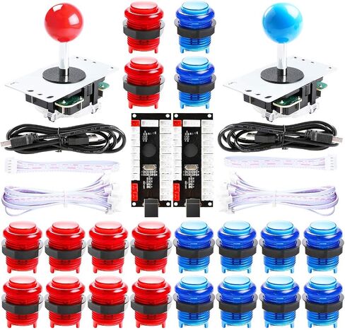 2 Player LED Arcade DIY Parts 2X USB Encoder + 2X Joystick + 20x LED Arcade Buttons for PC, MAME, Raspberry Pi, Windows (Red & Blue Kit) in Saudi Arabia