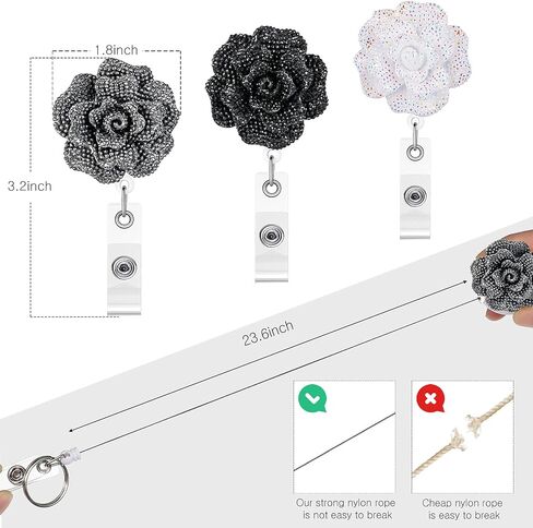 3 Pieces 24 Inch Retractable Badge Reels Rose Nurse ID Badge Holder Reel with 360 Degree Swivel Alligator Clip and Clear Card Holder for Office Worker Doctor Nurse Student (Black, Gray, White) in Saudi Arabia