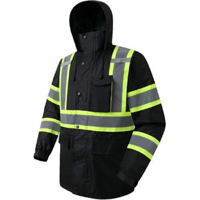 سترة المطر الآمنة العاكسة للضوء من JKSafety للرجال والنساء، معدات المطر المقاومة للماء للزراعة وصيد الأسماك، سترة المطر HV مع بطانة شبكية داخلية وجيوب (117A-أسود XL) in Kuwait