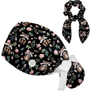 Scrub Caps Women, Surgical Caps for Women with Ponytail Pouch and Buttons, Bouffant Nurse Hats with Bow Scrunchie for Long Hair, Raccoon Pink Rose Plant on Dark Backgroud in Saudi Arabia