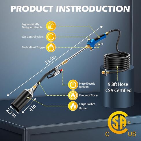 Propane Torch Weed Burner Kit, 1,200,000 BTU Long/Short Mode,10FT Hose Heavy Duty Blow Torch Flamethrower with Self Igniter and Turbo Trigger for Weeding,BBQ,Roofing,Melting Ice in Kuwait