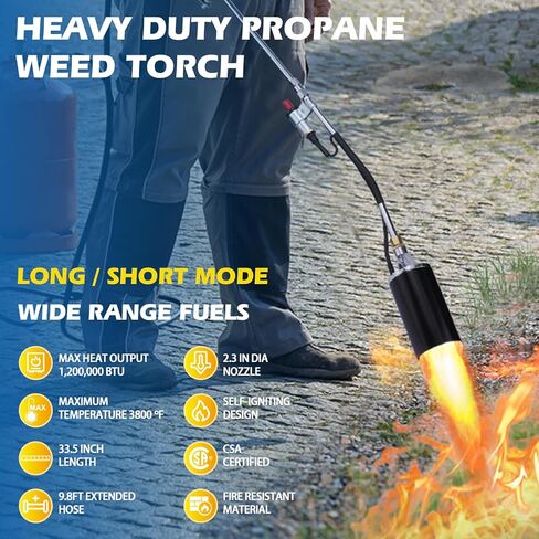 Propane Torch Weed Burner Kit, 1,200,000 BTU Long/Short Mode,10FT Hose Heavy Duty Blow Torch Flamethrower with Self Igniter and Turbo Trigger for Weeding,BBQ,Roofing,Melting Ice in Kuwait