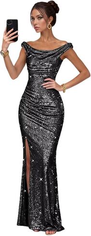 Womens Sequin Prom Dresses Off Shoulder 2026 Sparkly Ruched Long Formal Evening Military Ball Gown P26 in Saudi Arabia