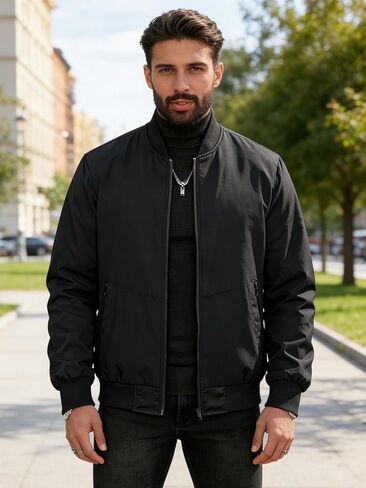Men's Lightweight Baseball Jacket, Casual Sports Streetwear Windbreaker, Machine Washable Urban Jacket Black in Kuwait