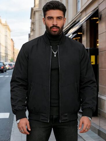 Men's Lightweight Baseball Jacket, Casual Sports Streetwear Windbreaker, Machine Washable Urban Jacket Black in Kuwait