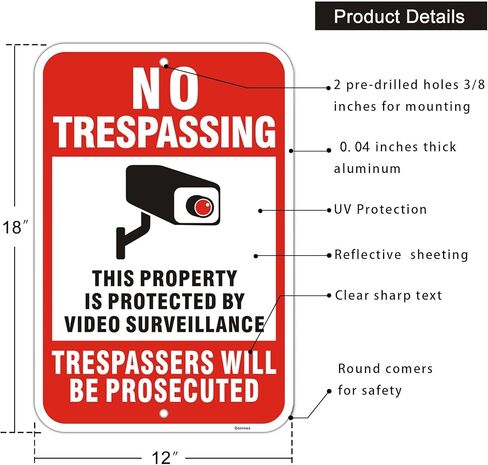 Large (2 Pack) 18X12 Inch No Trespassing Video Surveillance Sign, Aluminum, Engineering Grade Reflective, Metal, Weatherproof Up to 7 Years Outdoor in Kuwait