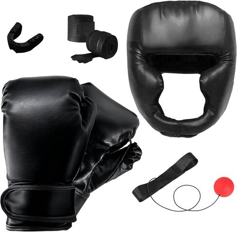 7pcs Boxing Equipment Set Includes a Boxing Headgear, Boxing Gloves, Supportive Hand Pads, Shock-Absorbing Mouth Guards and a Reflective Ball. One Person can Also use it for Their own Boxing Training in Saudi Arabia