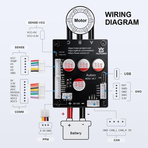 وحدة تحكم المحرك Autoro AESC V6.7 BLDC 12S 8S 50 Amp Mini ESC بناءً على وحدة التحكم الإلكترونية في السرعة VESC 6 FOC مع حوض حرارة من الألومنيوم للوحة التزلج الكهربائية DIY/السكوتر/الدراجة الإلكترونية/اللوحة الطويلة/الروبوتات in Kuwait