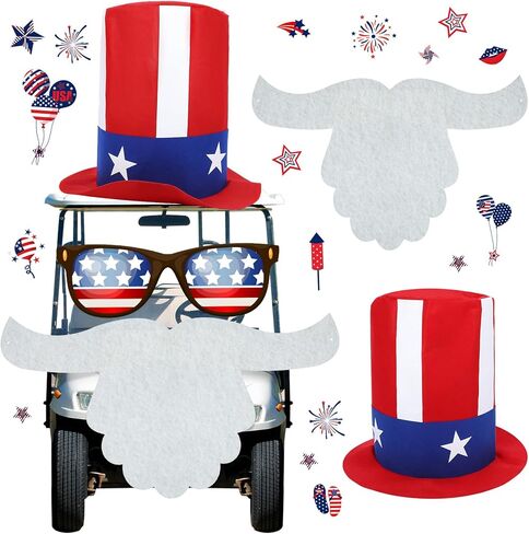 Leyndo 250th Anniversary 4th of July Parade Golf Cart Decoration Kit Independence Day Hat and Cute Beard Patriotic Parade Golf Car Kit for Memorial Independence Day Car Decor in Kuwait