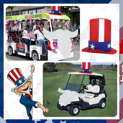 Leyndo 250th Anniversary 4th of July Parade Golf Cart Decoration Kit Independence Day Hat and Cute Beard Patriotic Parade Golf Car Kit for Memorial Independence Day Car Decor in Kuwait