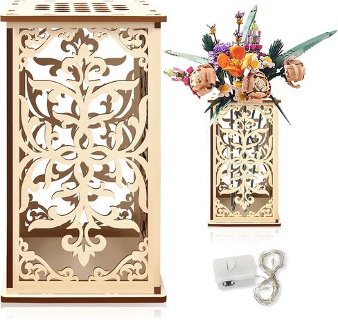 Wooden Vase for Lego Flowers with Carving Hollow Flower Pattern, Includes USB LED String Lights, Artistic Display Stand & Decorative Centerpiece, Gift for Flower Lovers & Lego Fans (Color C) in Kuwait
