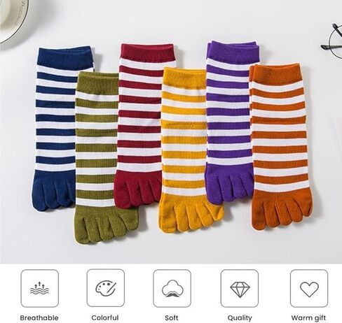 6 Pairs Toe Socks for Women & Men - Cotton Breathable Five Finger Socks with Toes Separated, Striped Sports Running Separator Sock in Kuwait