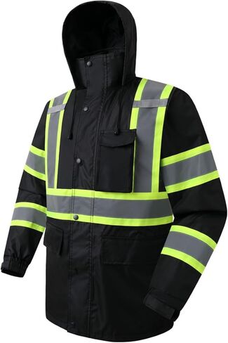 JKSafety Hi-Vis Reflective Safety Rain Jacket for Men Women Waterproof Rain Gears for Farming Fishing Work HV Rain Jacket with Inner Mesh Lining and Pockets (117A-Black XL) in Saudi Arabia