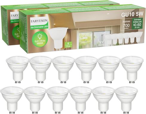 مصابيح إضاءة LED GU10 قابلة للتعتيم - 5 وات، أبيض ناعم (3000 ك)، 700 لومن، شعاع فيضان عريض 110 درجة، رائعة للإضاءة المريحة والمسارات في المطابخ وغرف المعيشة وغرف النوم، 12 عبوة in Kuwait