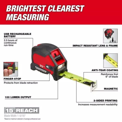 Tape Measure, 25 ft Magnetic, Rechargeable 100L Light, Model 48-22-0428 in Kuwait